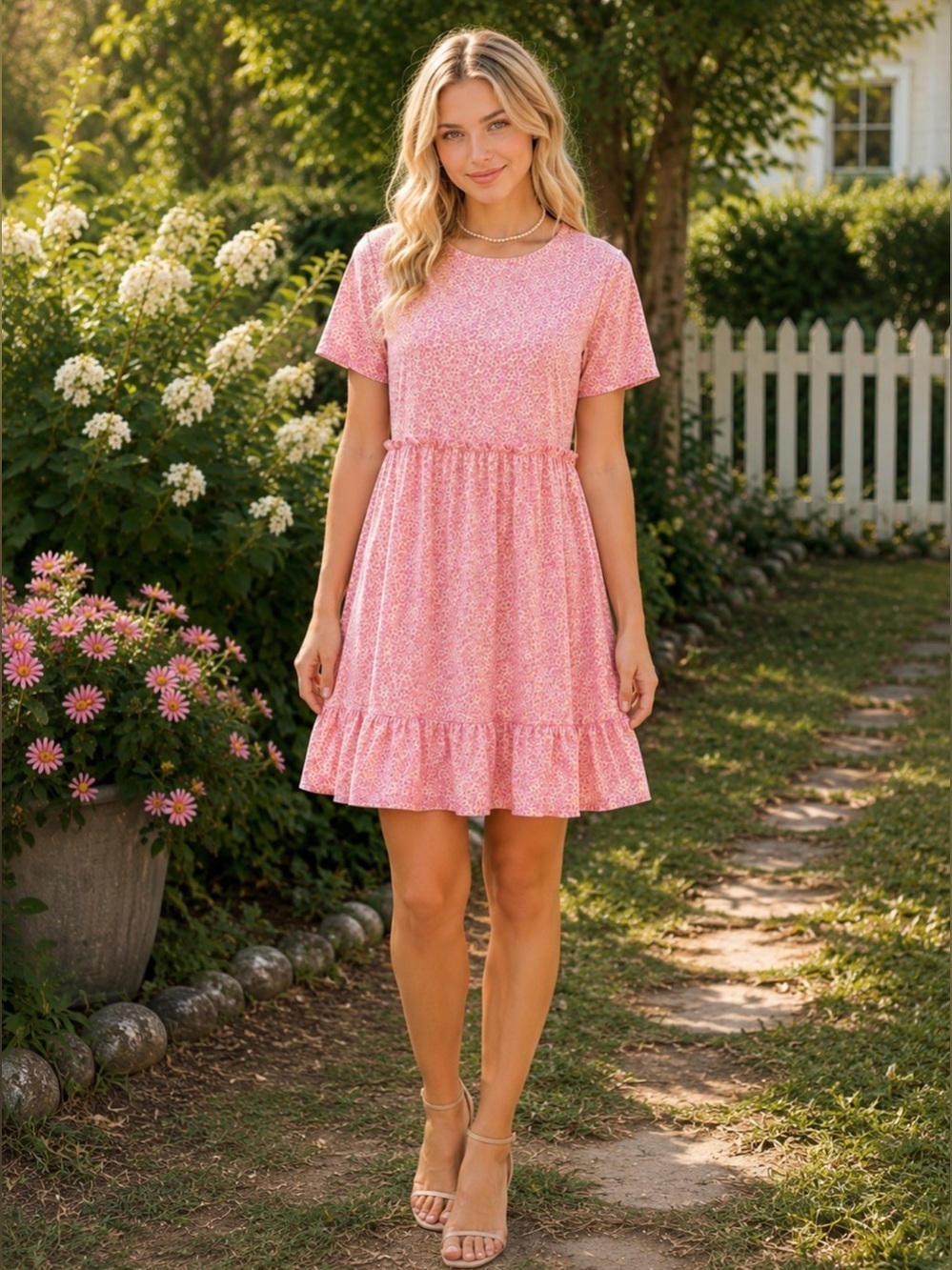 As U Wish Pink Daisy Floral Babydoll Cottagecore Mini Ruffle Dress Medium